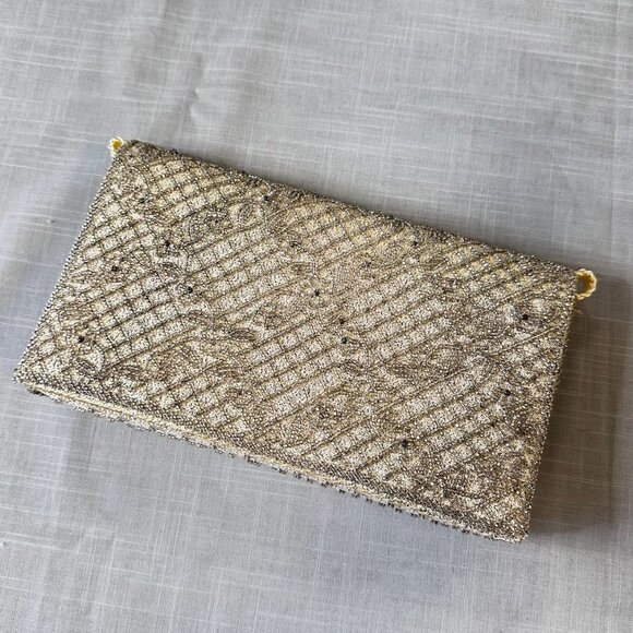 Vintage La Regale Cream and Gold Tone Beaded Evening Purse - Picture 1 of 12